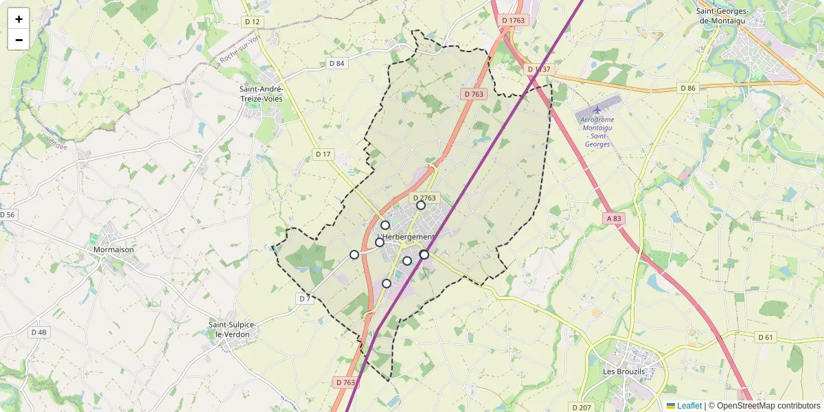 Carte du réseau de transport en commun à L'Herbergement - lignes de bus et arrêts