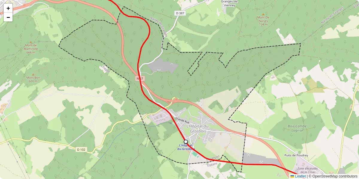 Carte du réseau de transport en commun à L'Hôpital-du-Grosbois - lignes de bus et arrêts