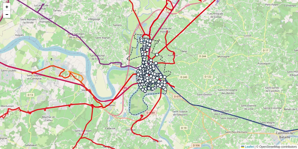 Carte du réseau de transport en commun à Libourne - lignes de bus et arrêts