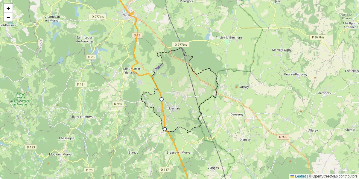 Carte du réseau de transport en commun à Liernais - lignes de bus et arrêts