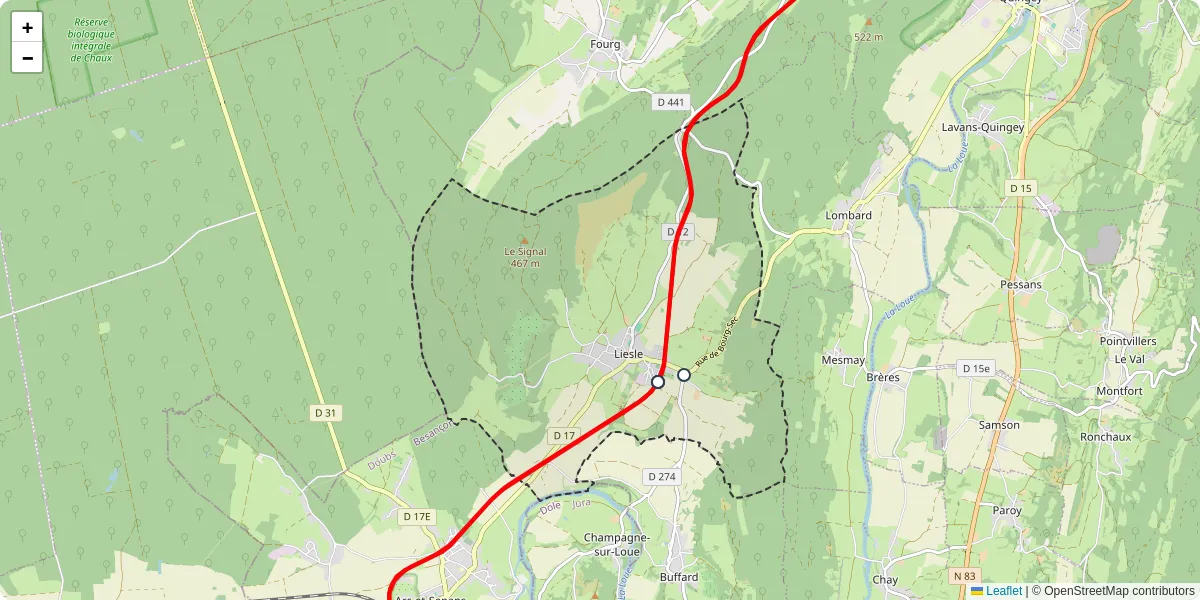 Carte du réseau de transport en commun à Liesle - lignes de bus et arrêts
