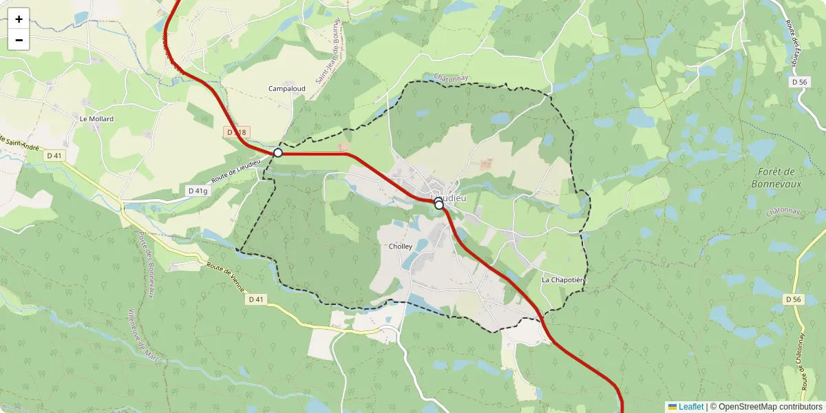 Carte du réseau de transport en commun à Lieudieu - lignes de bus et arrêts