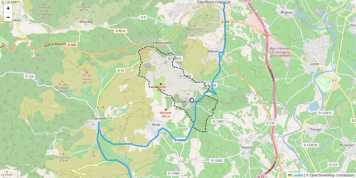 Carte du réseau de transport en commun à Lieuran-Cabrières - lignes de bus et arrêts
