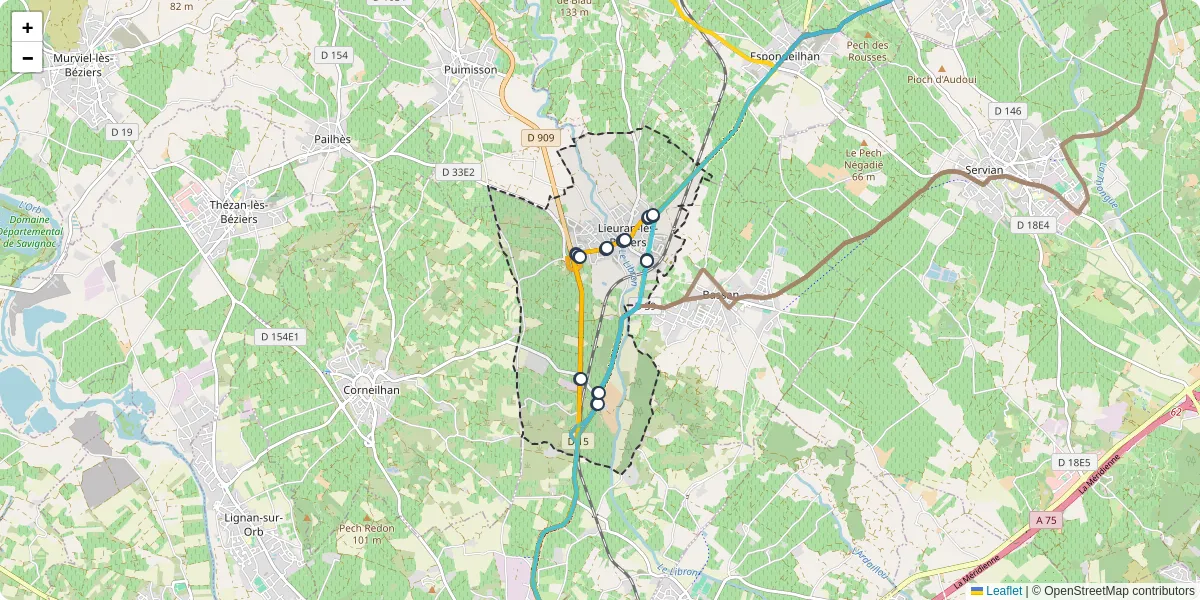 Carte du réseau de transport en commun à Lieuran-lès-Béziers - lignes de bus et arrêts