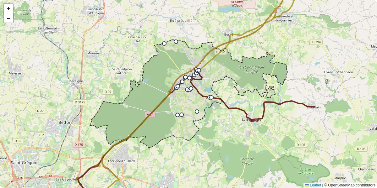 Carte du réseau de transport en commun à Liffré - lignes de bus et arrêts