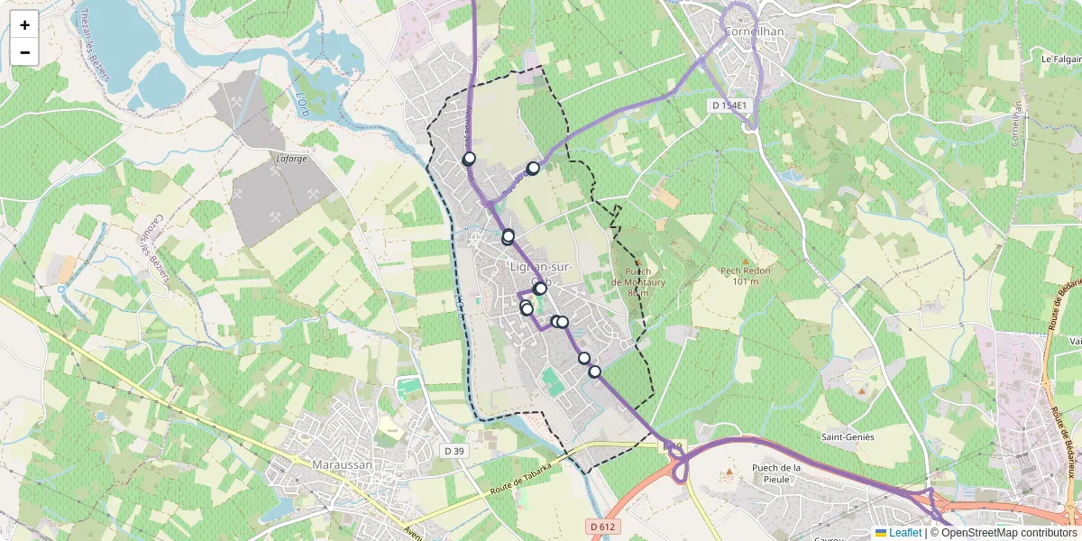 Carte du réseau de transport en commun à Lignan-sur-Orb - lignes de bus et arrêts