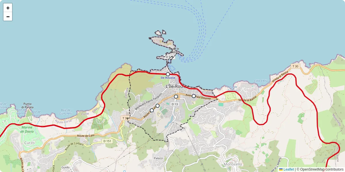 Carte du réseau de transport en commun à L'Île-Rousse - lignes de bus et arrêts
