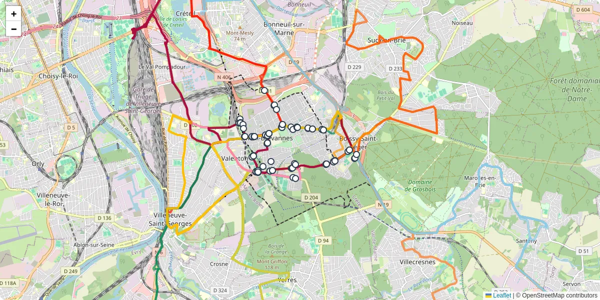 Carte du réseau de transport en commun à Limeil-Brévannes - lignes de bus et arrêts