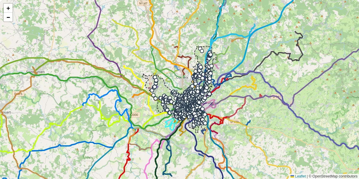 Carte du réseau de transport en commun à Limoges - lignes de bus et arrêts