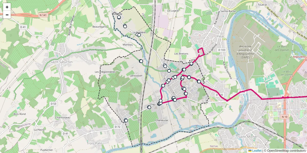 Carte du réseau de transport en commun à Linars - lignes de bus et arrêts