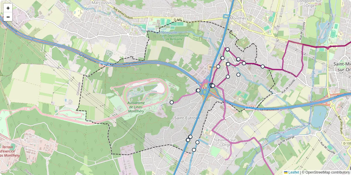 Carte du réseau de transport en commun à Linas - lignes de bus et arrêts