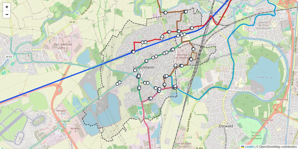 Carte du réseau de transport en commun à Lingolsheim - lignes de bus et arrêts