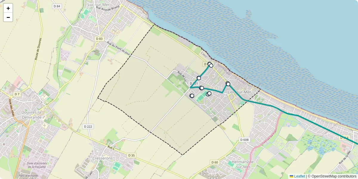 Carte du réseau de transport en commun à Lion-sur-Mer - lignes de bus et arrêts