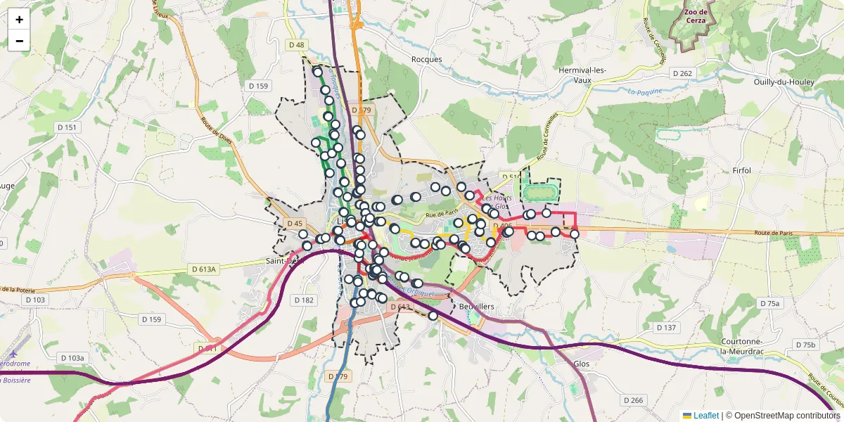 Carte du réseau de transport en commun à Lisieux - lignes de bus et arrêts