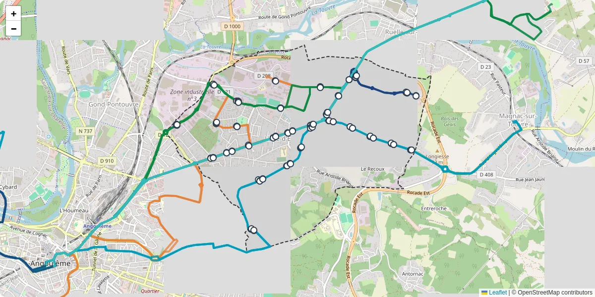 Carte du réseau de transport en commun à L'Isle-d'Espagnac - lignes de bus et arrêts