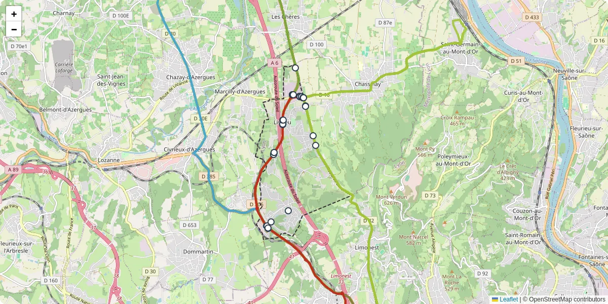 Carte du réseau de transport en commun à Lissieu - lignes de bus et arrêts