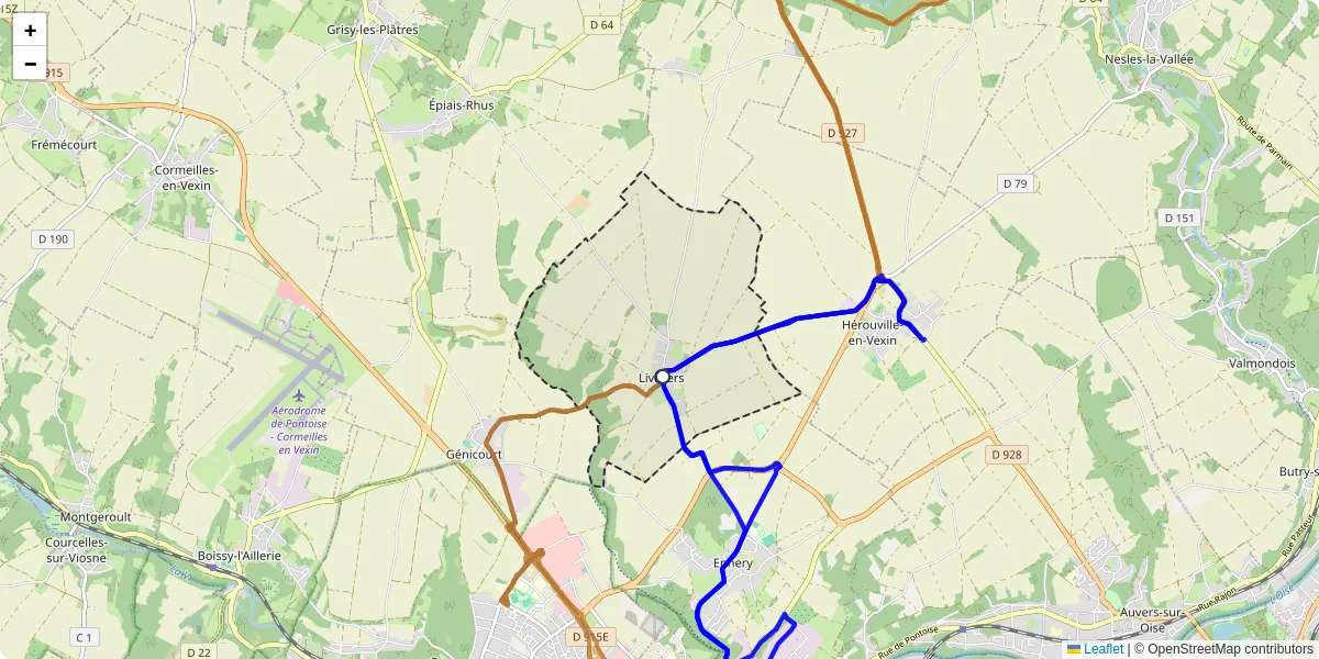 Carte du réseau de transport en commun à Livilliers - lignes de bus et arrêts