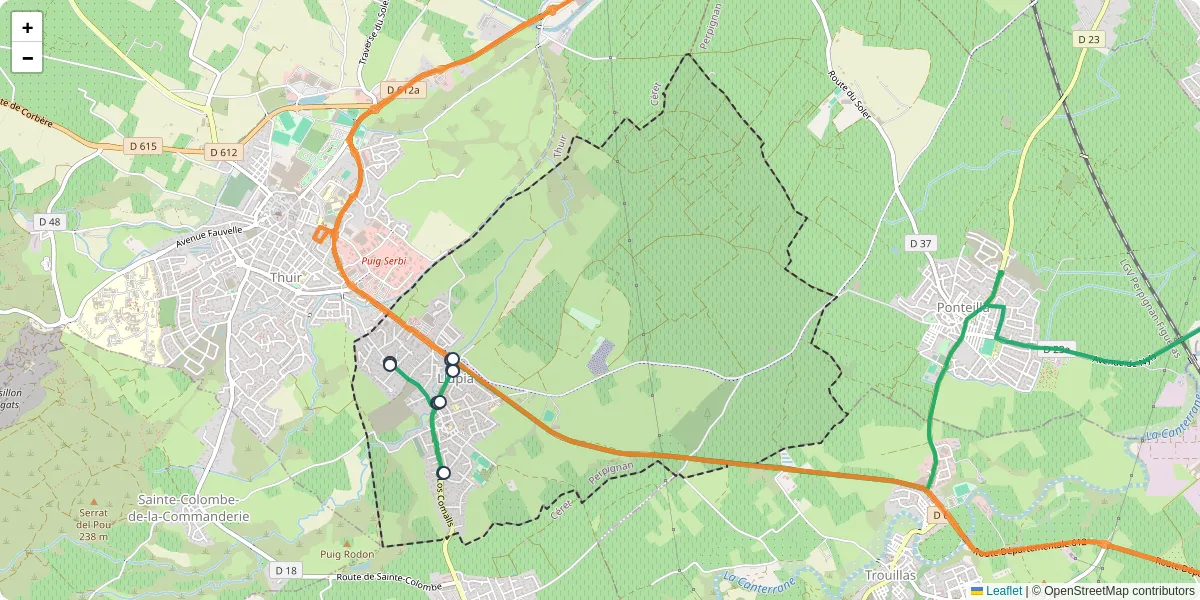 Carte du réseau de transport en commun à Llupia - lignes de bus et arrêts