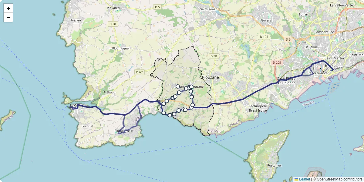Carte du réseau de transport en commun à Locmaria-Plouzané - lignes de bus et arrêts