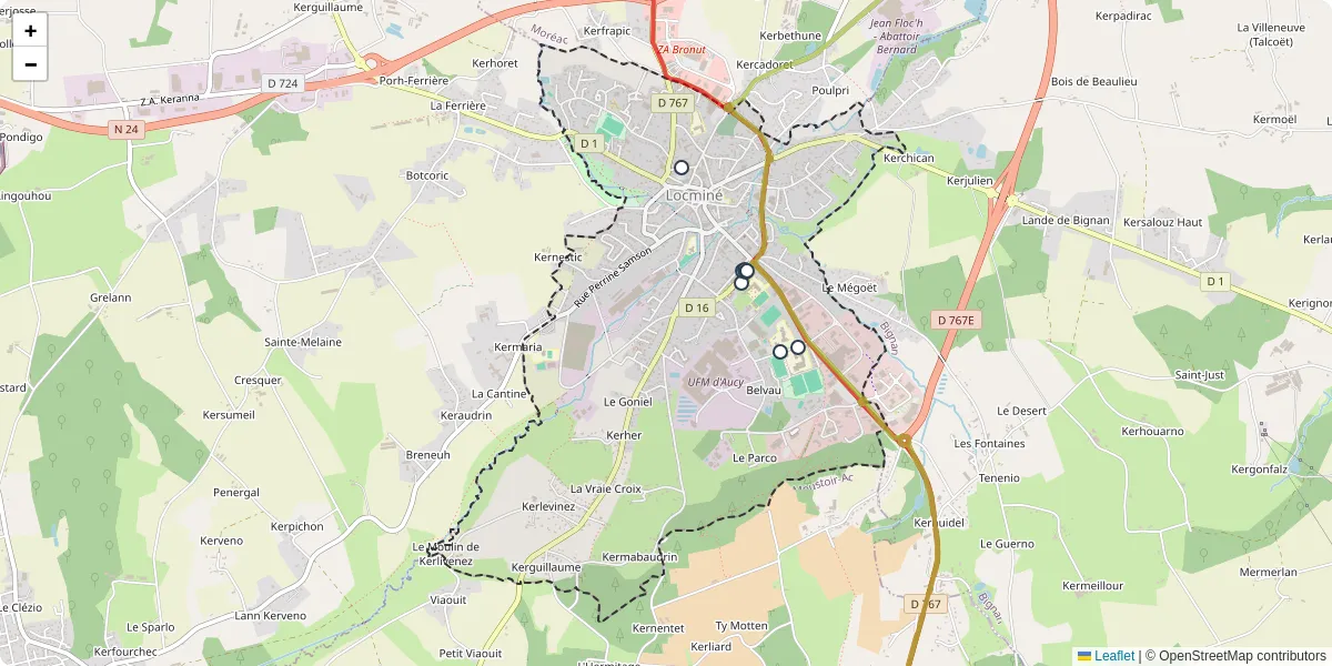 Carte du réseau de transport en commun à Locminé - lignes de bus et arrêts