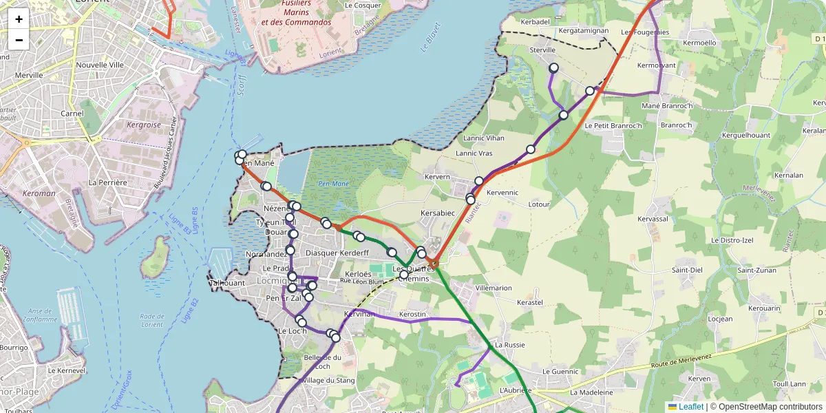 Carte du réseau de transport en commun à Locmiquélic - lignes de bus et arrêts