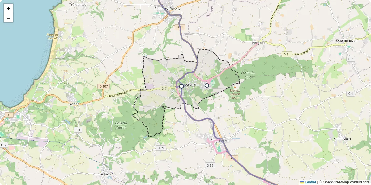 Carte du réseau de transport en commun à Locronan - lignes de bus et arrêts