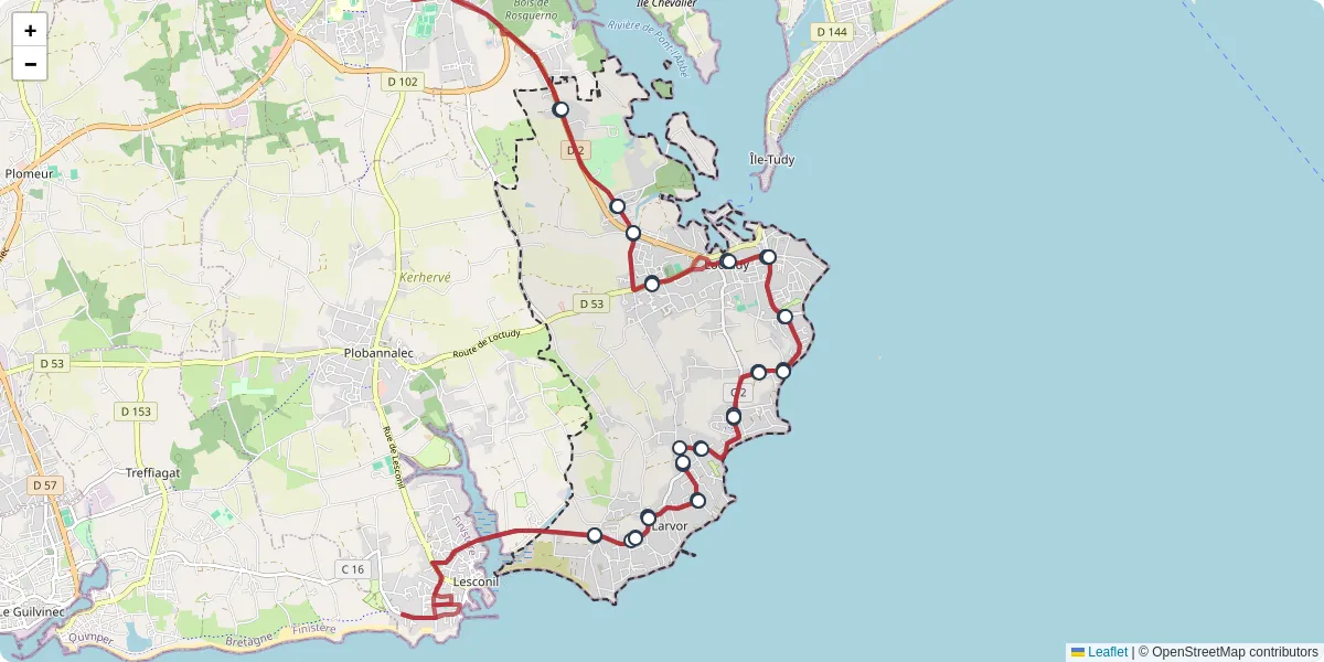 Carte du réseau de transport en commun à Loctudy - lignes de bus et arrêts