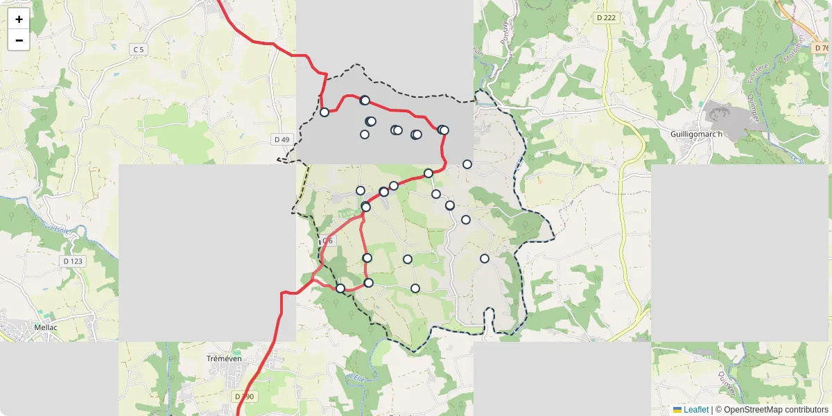 Carte du réseau de transport en commun à Locunolé - lignes de bus et arrêts