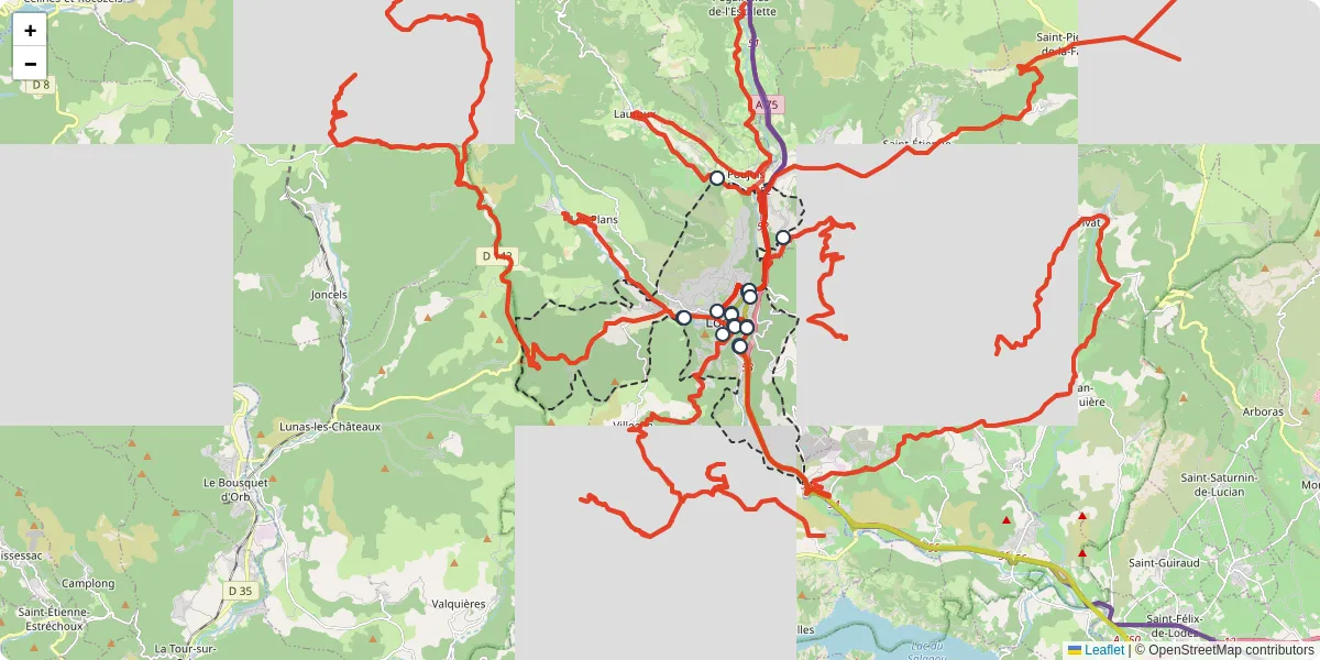 Carte du réseau de transport en commun à Lodève - lignes de bus et arrêts