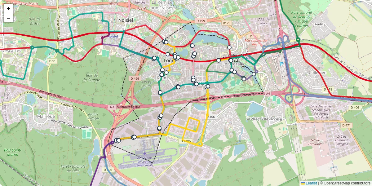 Carte du réseau de transport en commun à Lognes - lignes de bus et arrêts