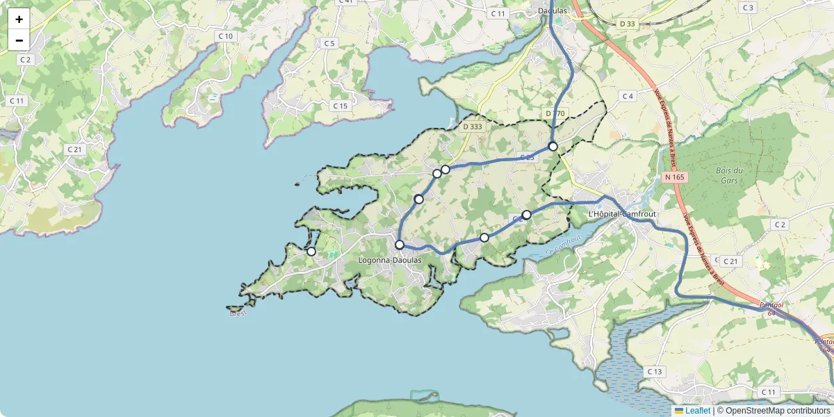 Carte du réseau de transport en commun à Logonna-Daoulas - lignes de bus et arrêts
