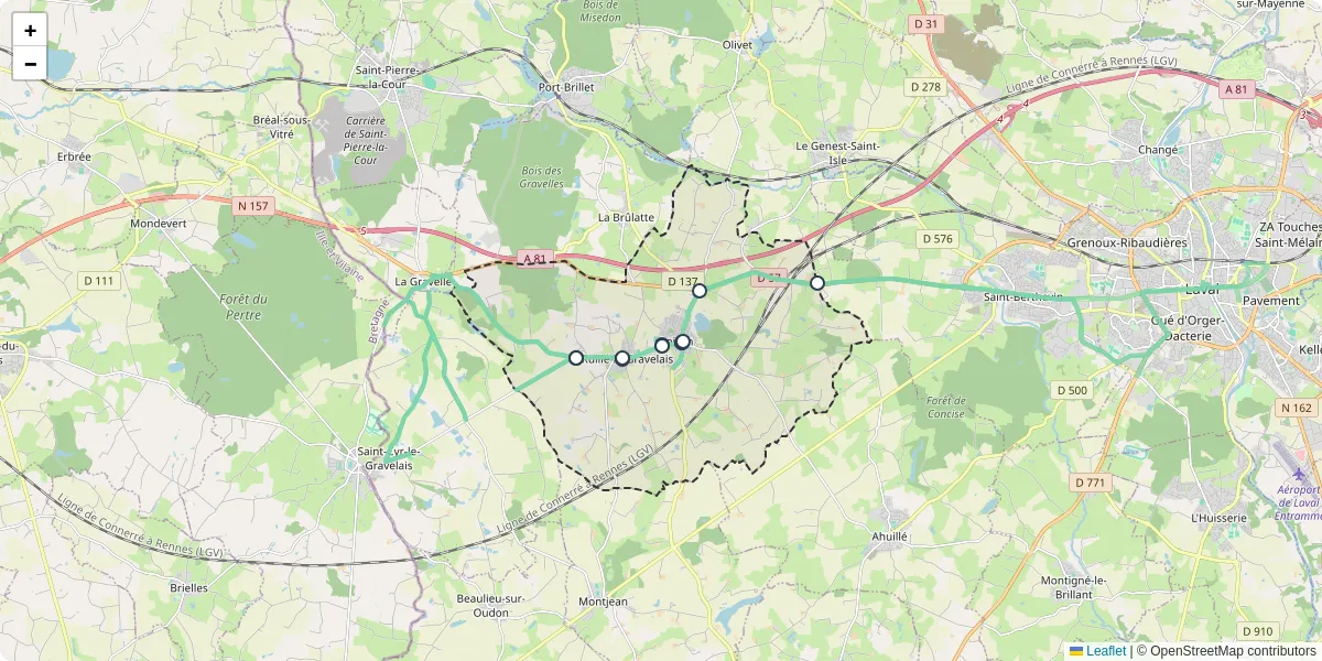 Carte du réseau de transport en commun à Loiron-Ruillé - lignes de bus et arrêts