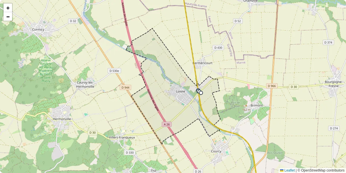 Carte du réseau de transport en commun à Loivre - lignes de bus et arrêts