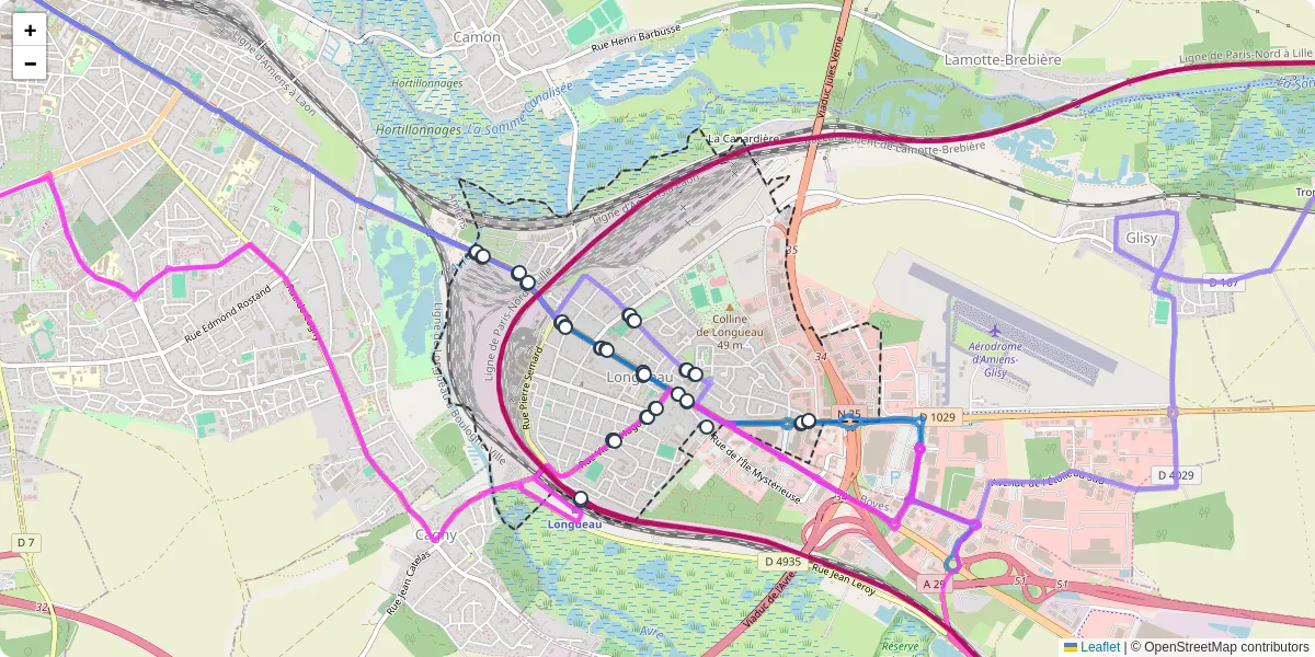 Carte du réseau de transport en commun à Longueau - lignes de bus et arrêts