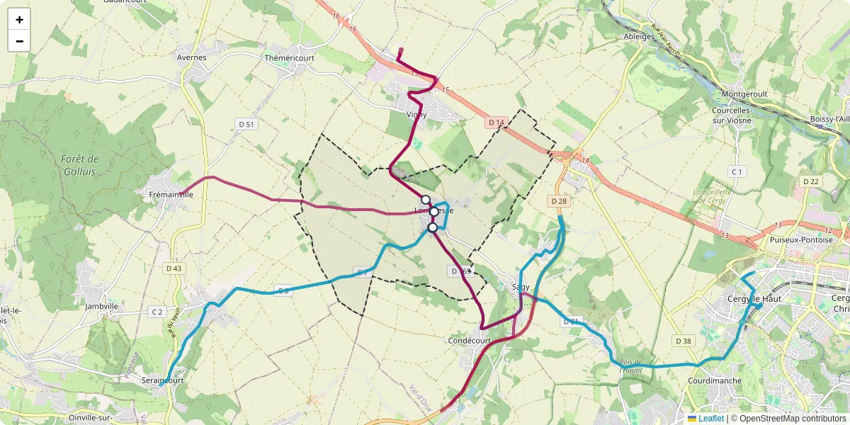 Carte du réseau de transport en commun à Longuesse - lignes de bus et arrêts