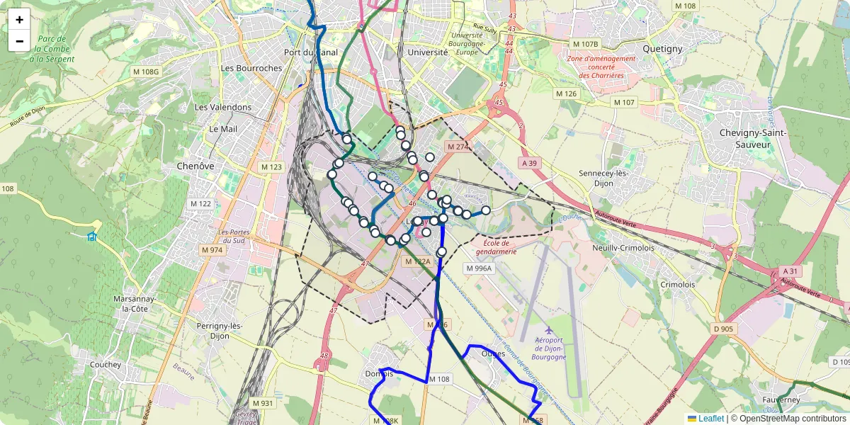 Carte du réseau de transport en commun à Longvic - lignes de bus et arrêts