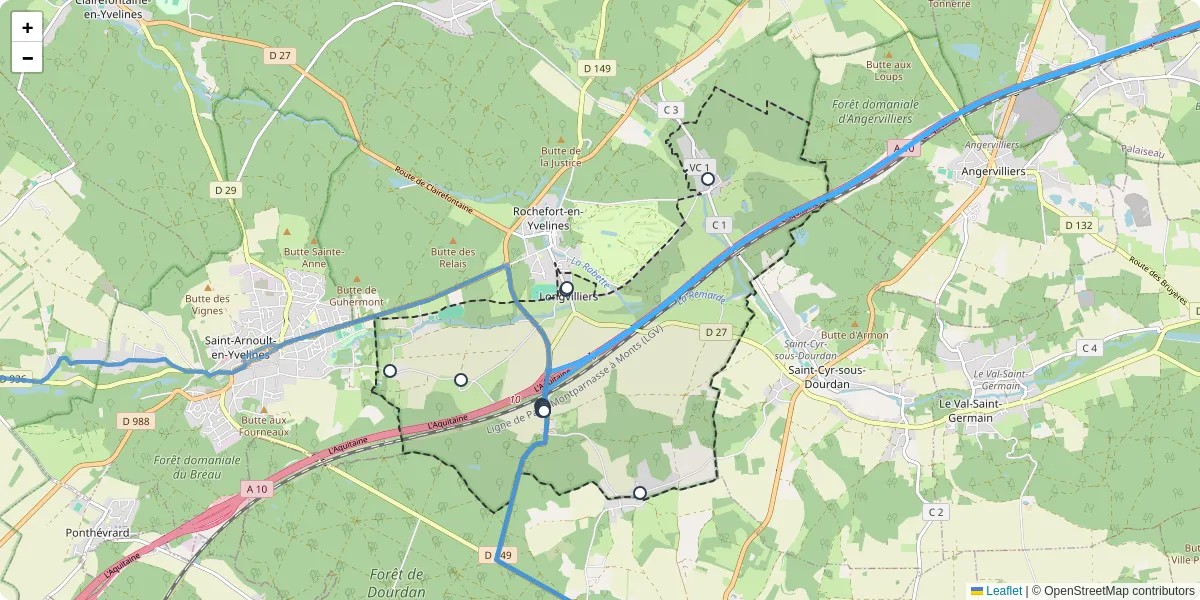 Carte du réseau de transport en commun à Longvilliers - lignes de bus et arrêts