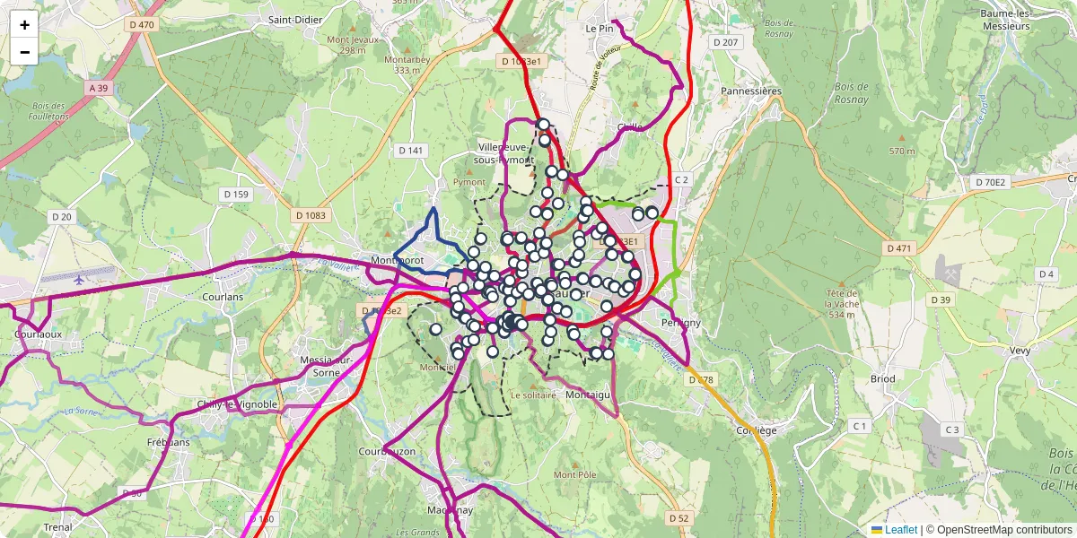 Carte du réseau de transport en commun à Lons-le-Saunier - lignes de bus et arrêts