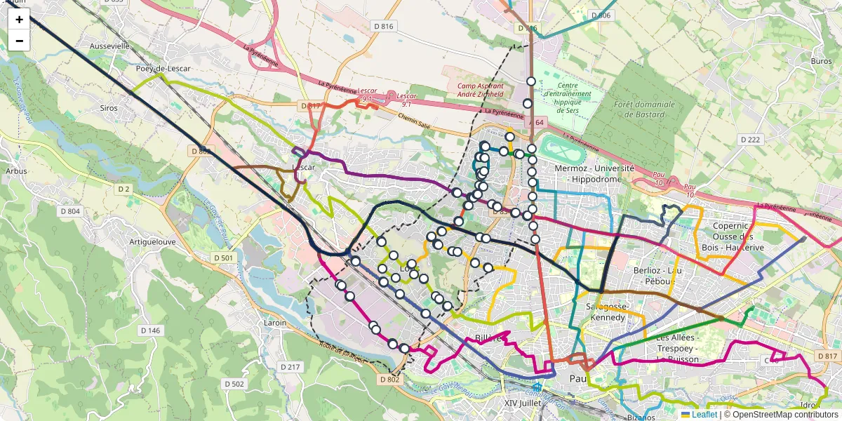 Carte du réseau de transport en commun à Lons - lignes de bus et arrêts