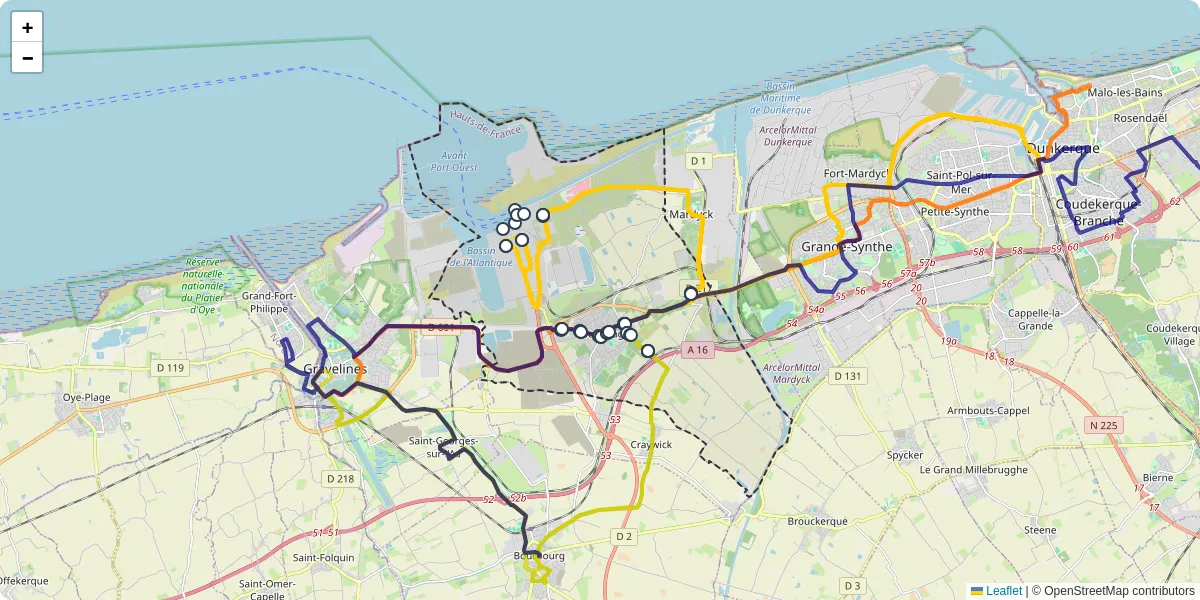 Carte du réseau de transport en commun à Loon-Plage - lignes de bus et arrêts