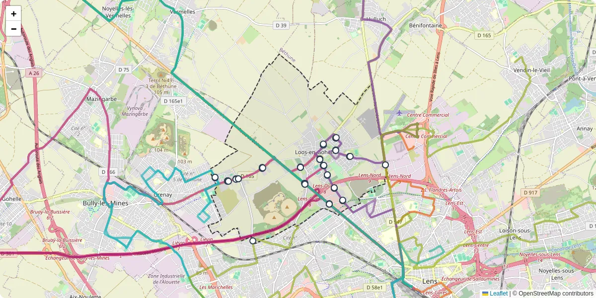 Carte du réseau de transport en commun à Loos-en-Gohelle - lignes de bus et arrêts