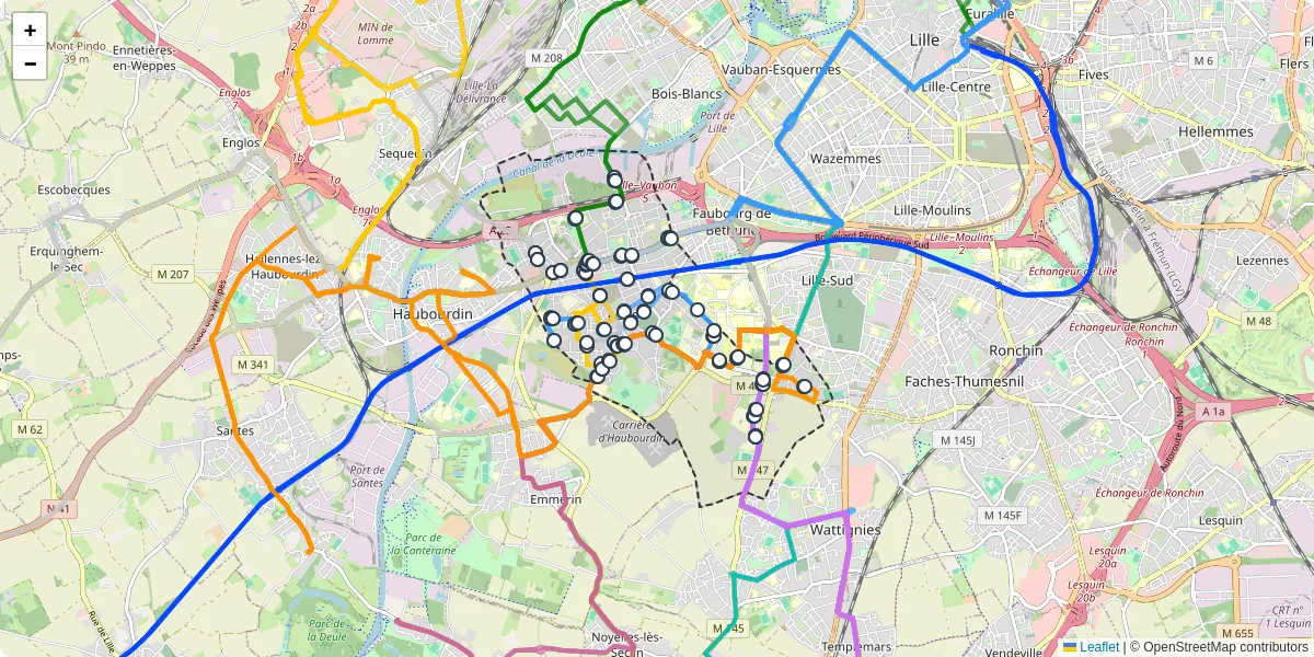 Carte du réseau de transport en commun à Loos - lignes de bus et arrêts
