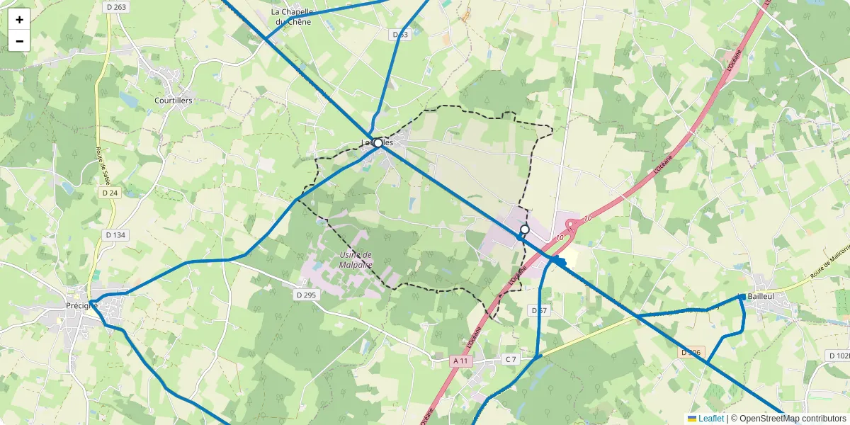 Carte du réseau de transport en commun à Louailles - lignes de bus et arrêts