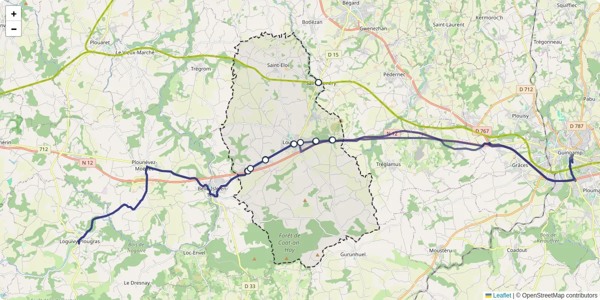 Carte du réseau de transport en commun à Louargat - lignes de bus et arrêts