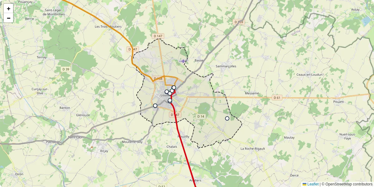 Carte du réseau de transport en commun à Loudun - lignes de bus et arrêts