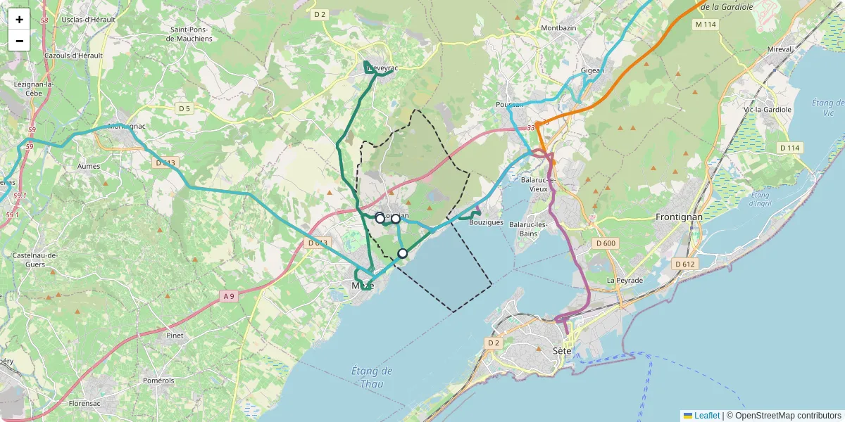 Carte du réseau de transport en commun à Loupian - lignes de bus et arrêts