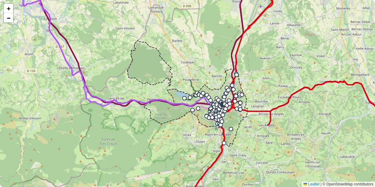 Carte du réseau de transport en commun à Lourdes - lignes de bus et arrêts
