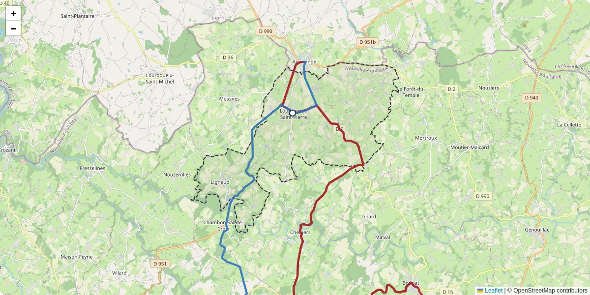 Carte du réseau de transport en commun à Lourdoueix-Saint-Pierre - lignes de bus et arrêts