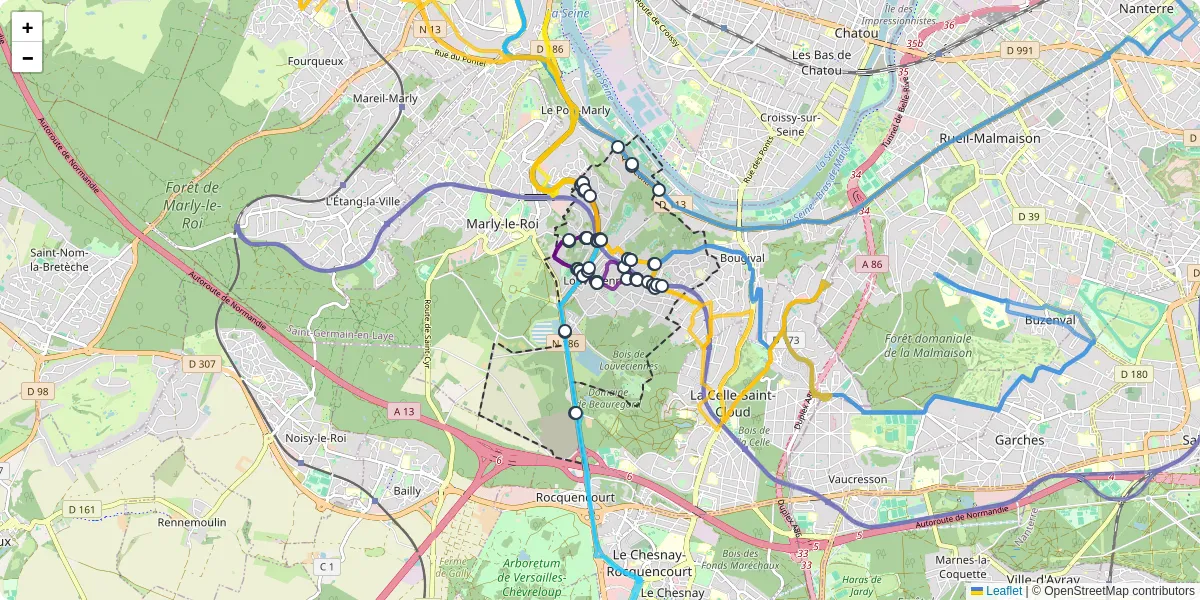 Carte du réseau de transport en commun à Louveciennes - lignes de bus et arrêts