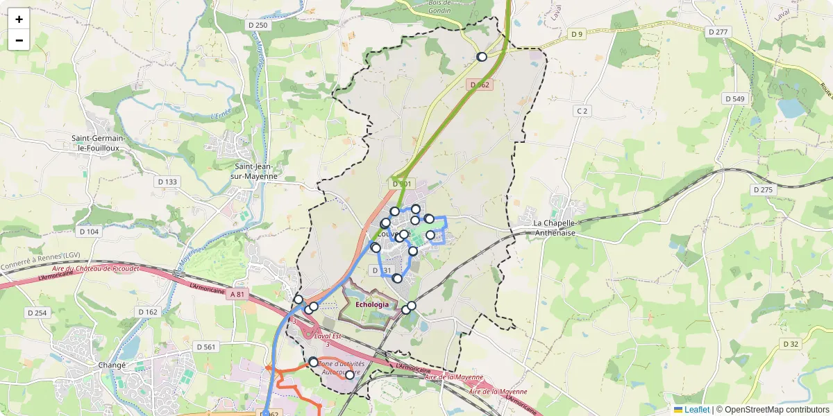Carte du réseau de transport en commun à Louverné - lignes de bus et arrêts